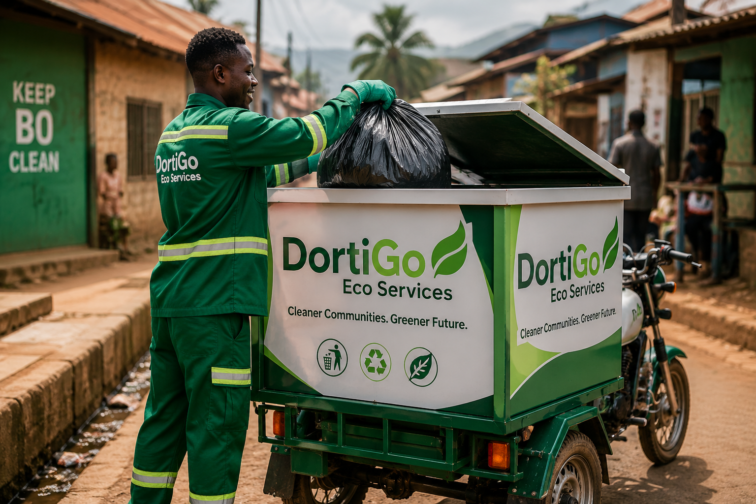 DortiGo Eco Services worker loading a waste bag into a branded collection cart